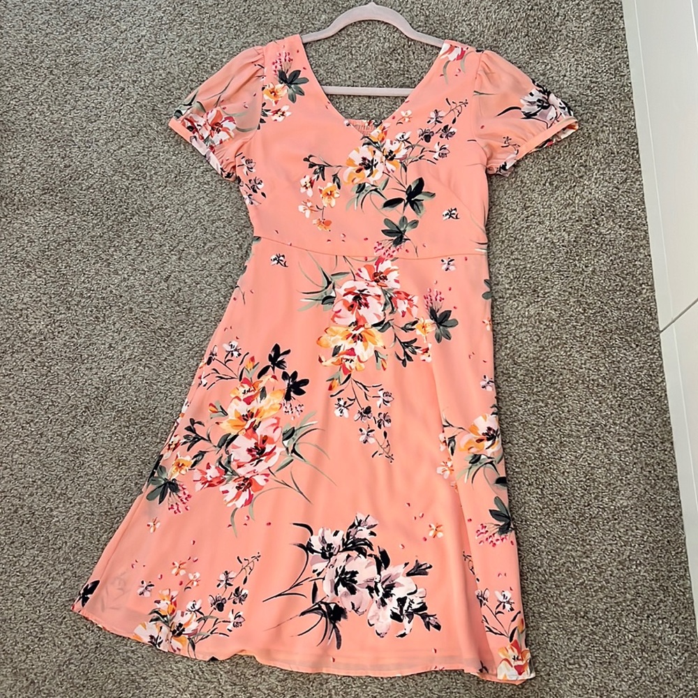 LOFT pink floral midi dress